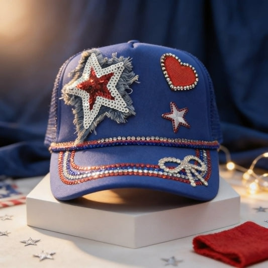 "Liberty Belle Rhinestone Glam Trucker Hat"