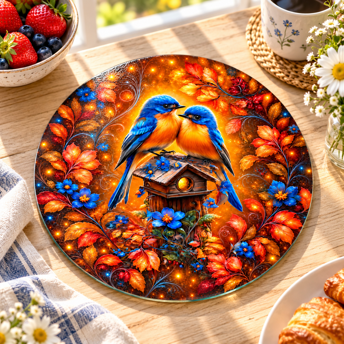 Amber Garden Bluebirds Round Glass Cutting Board – 9 Inch
