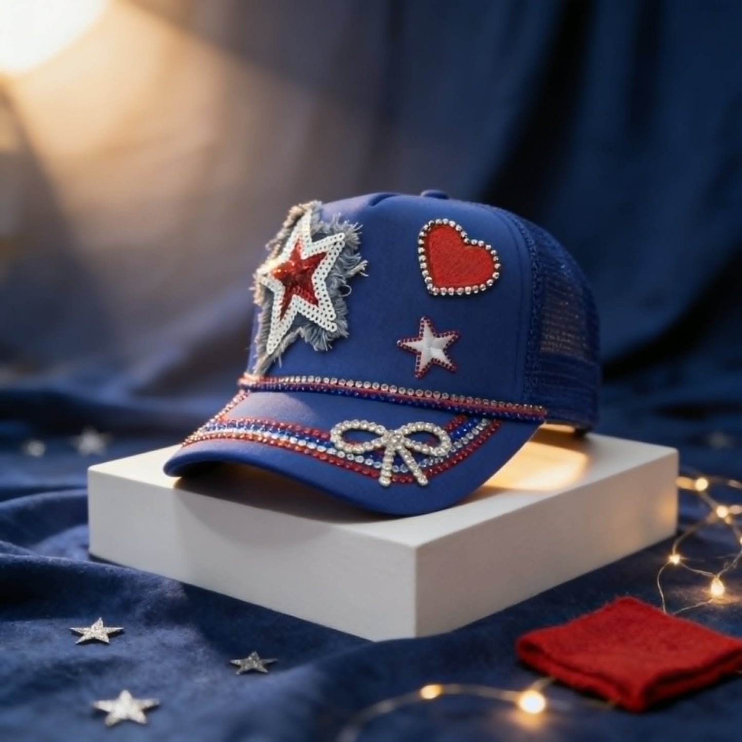"Liberty Belle Rhinestone Glam Trucker Hat"