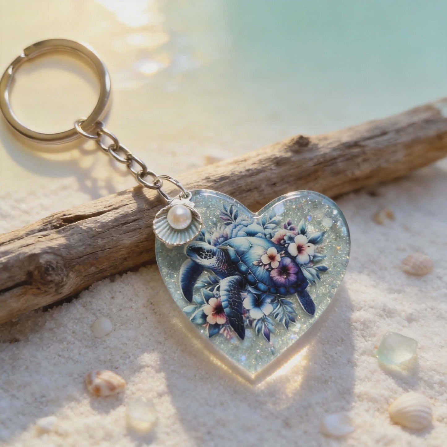 Ocean Bloom Turtle Heart Keychain – Glitter Resin Sea Charm
