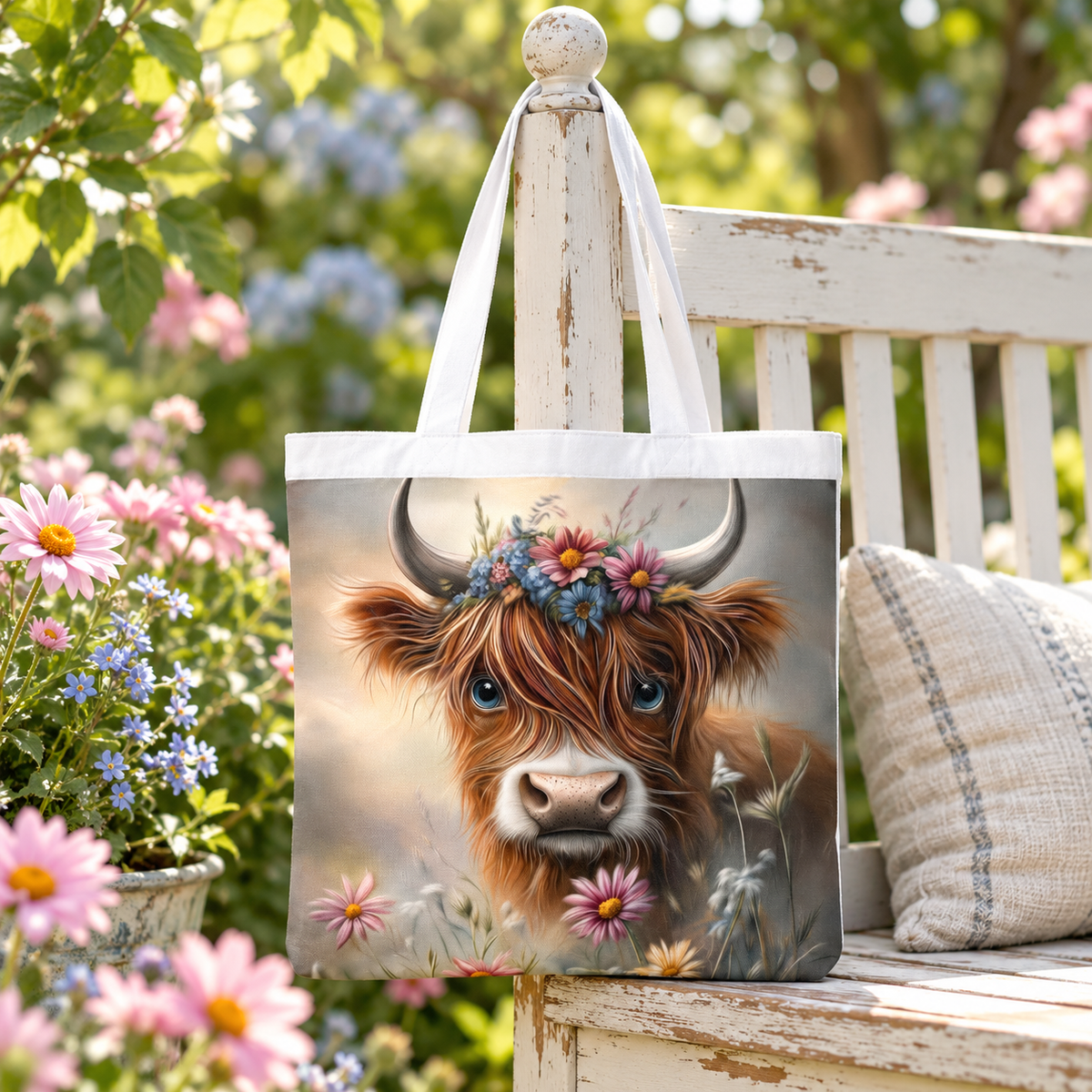 Wildflower Sweetheart Highland Cow Tote Bag