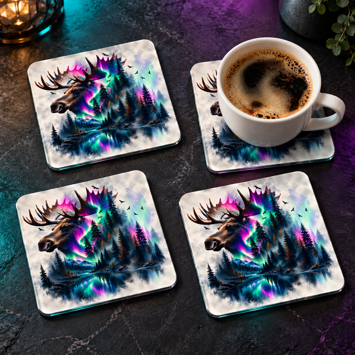 Northern Majesty Moose Square Glass Coasters – Set of 4