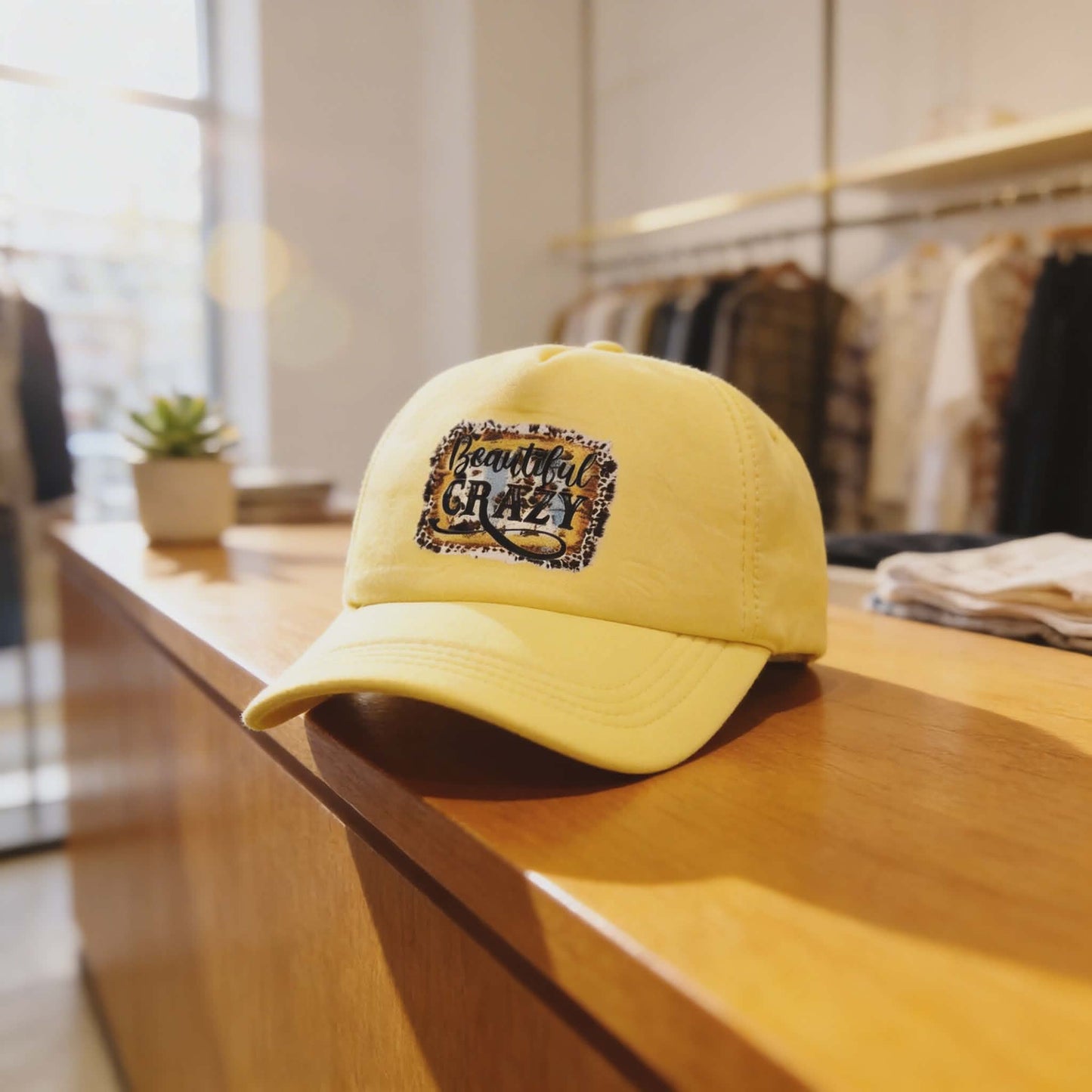 “Beautiful Crazy” Yellow Mesh Trucker Hat – DTF Leopard Print Graphic Cap