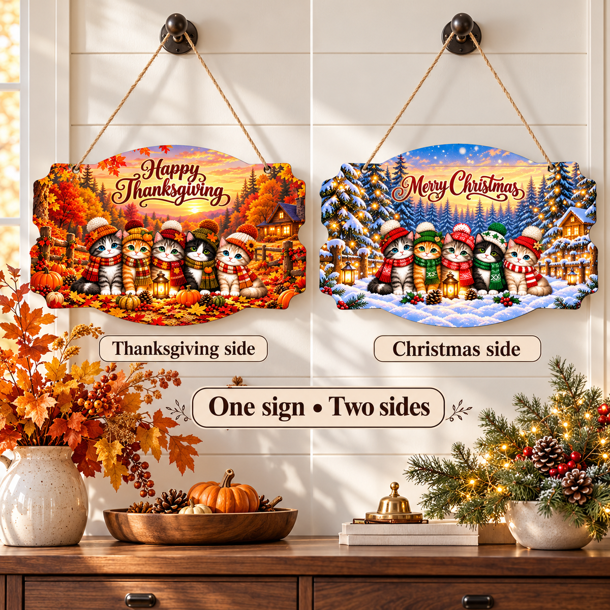 Cozy Kitty Seasons Double-Sided Metal Sign