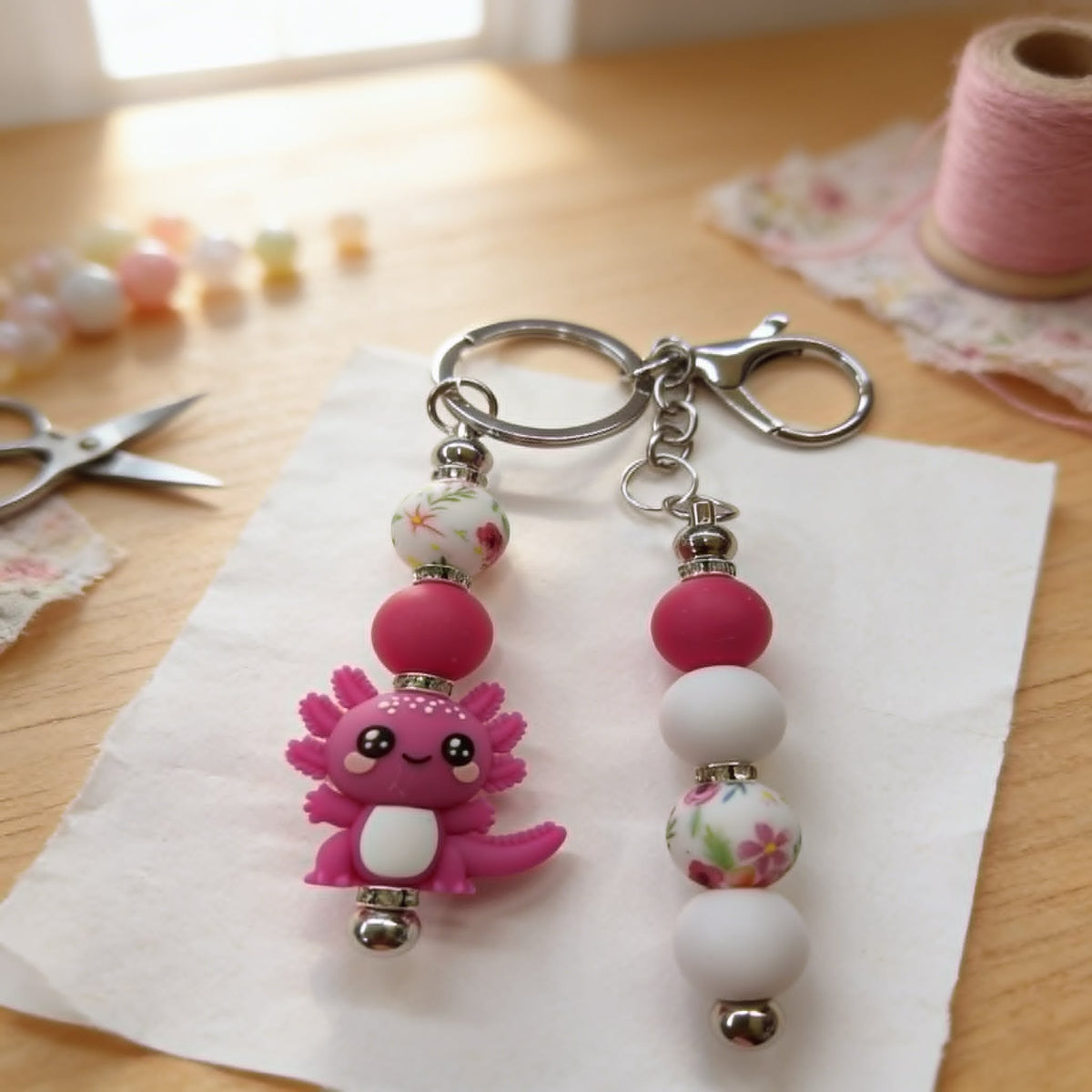 Petal Pink Axolotl Floral Beaded Keychain