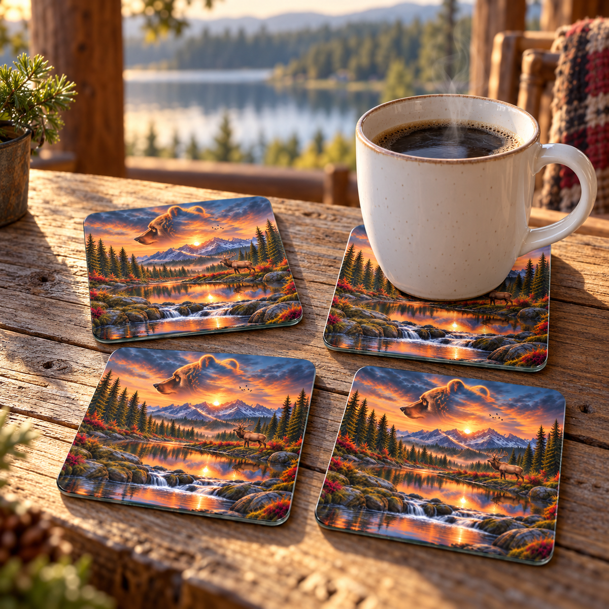 Bear Valley Sunset Square Glass Coasters – Set of 4