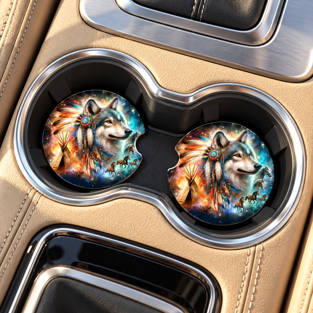 Wild Spirit Wolf Ceramic Car Coasters – Set of 2