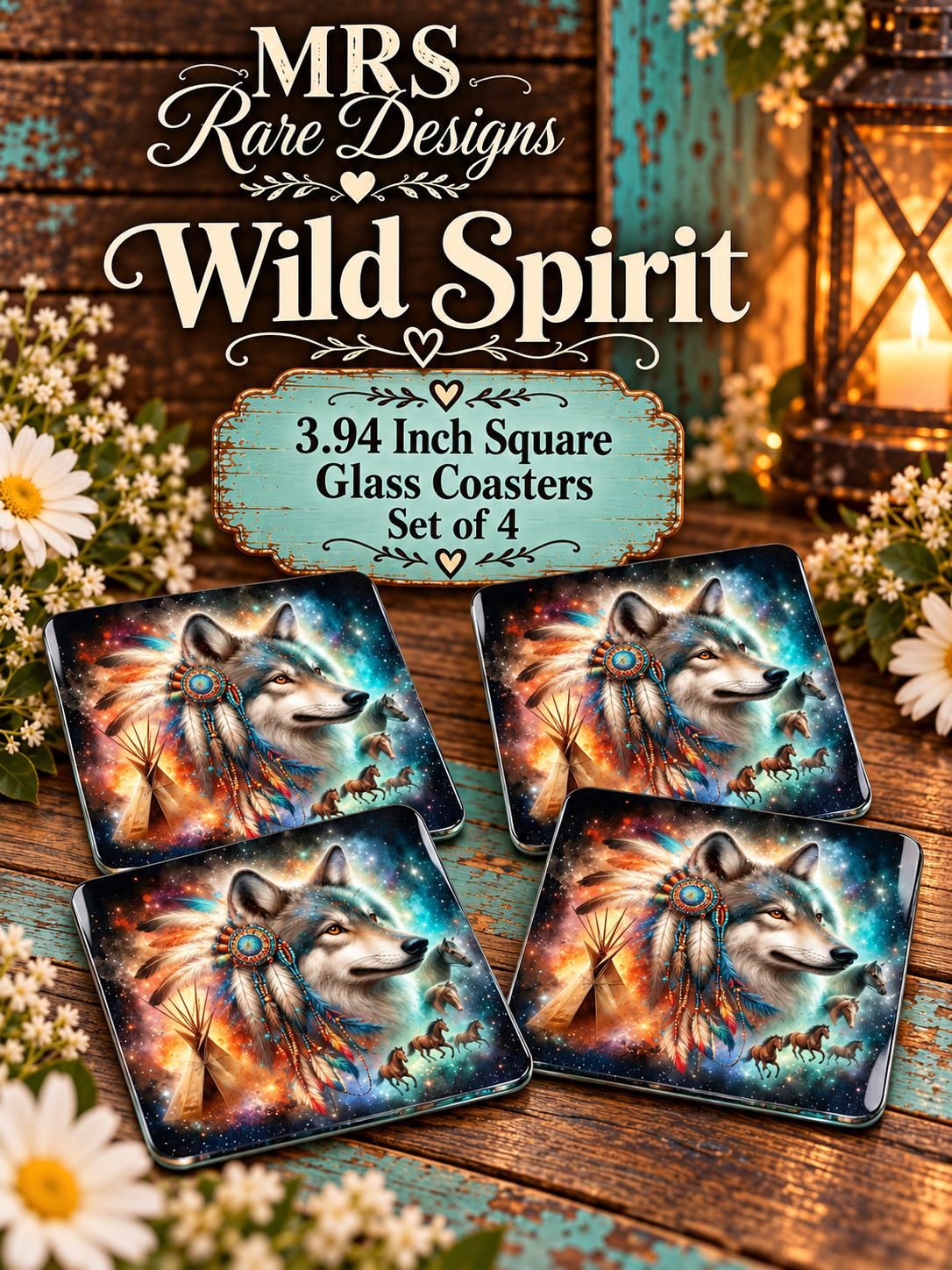 Wild Spirit Wolf Glass Coasters – Set of 4