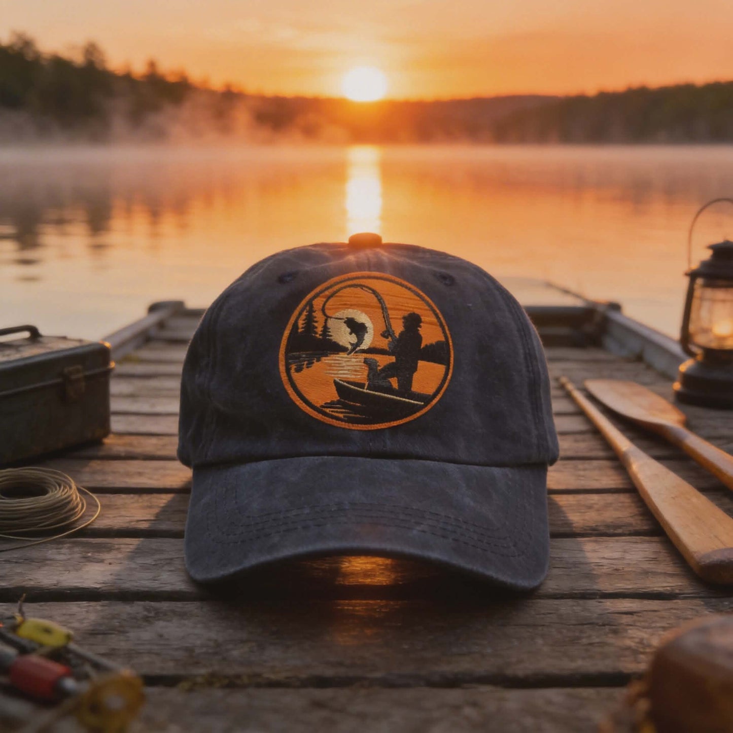 Sunset Catch Embroidered Patch Navy Dad Hat – Vintage Fisherman’s Cap