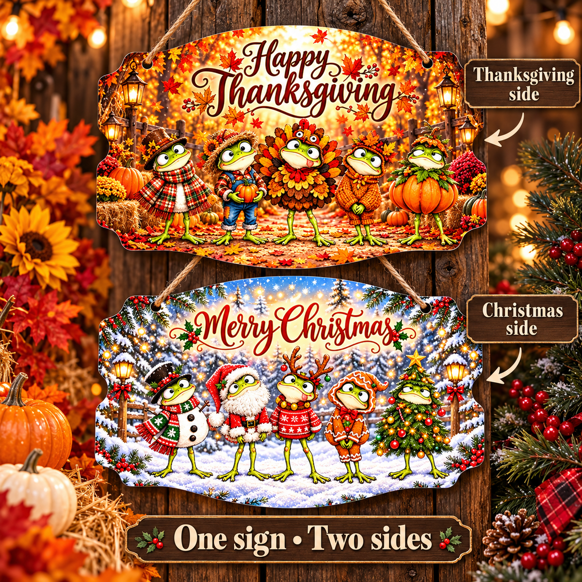 Hoppy Holidays Double-Sided Thanksgiving & Christmas Metal Sign