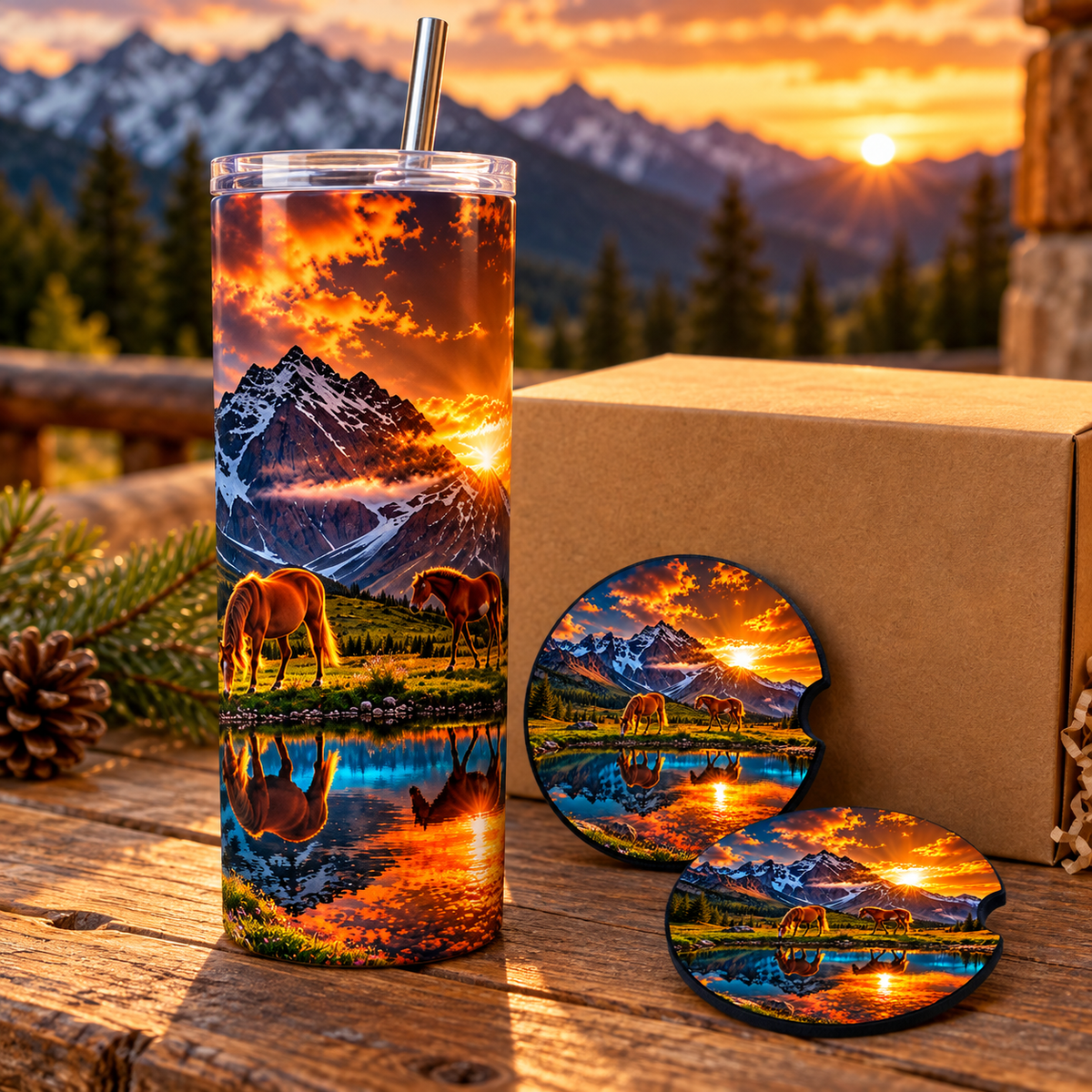 Golden Trails Horse & Mountain Sunset Tumbler and Car Coaster Gift Set