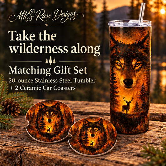 Amber Wilderness Wolf Tumbler & Car Coaster Gift Set