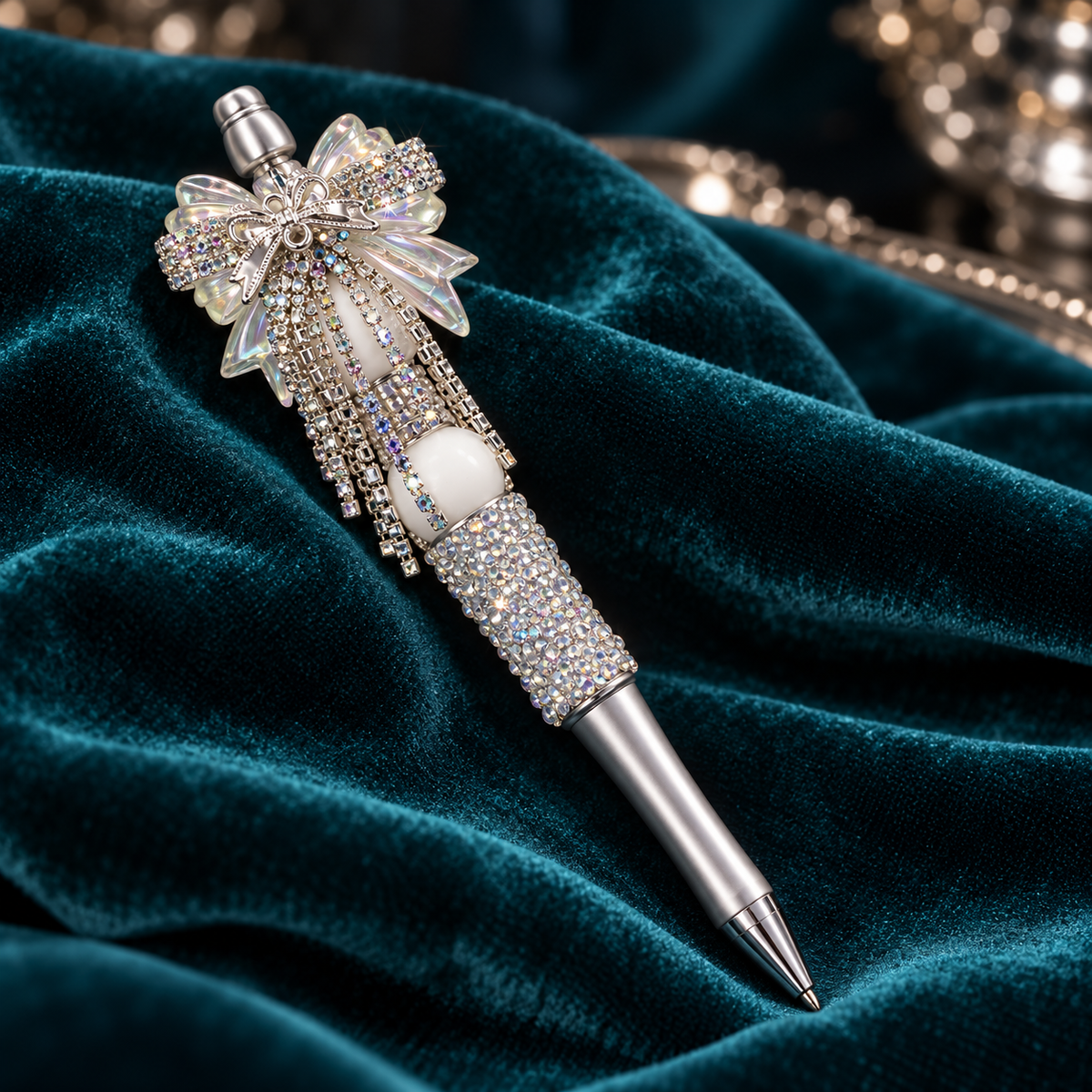 Iridescent Elegance Rhinestone Bow Pen