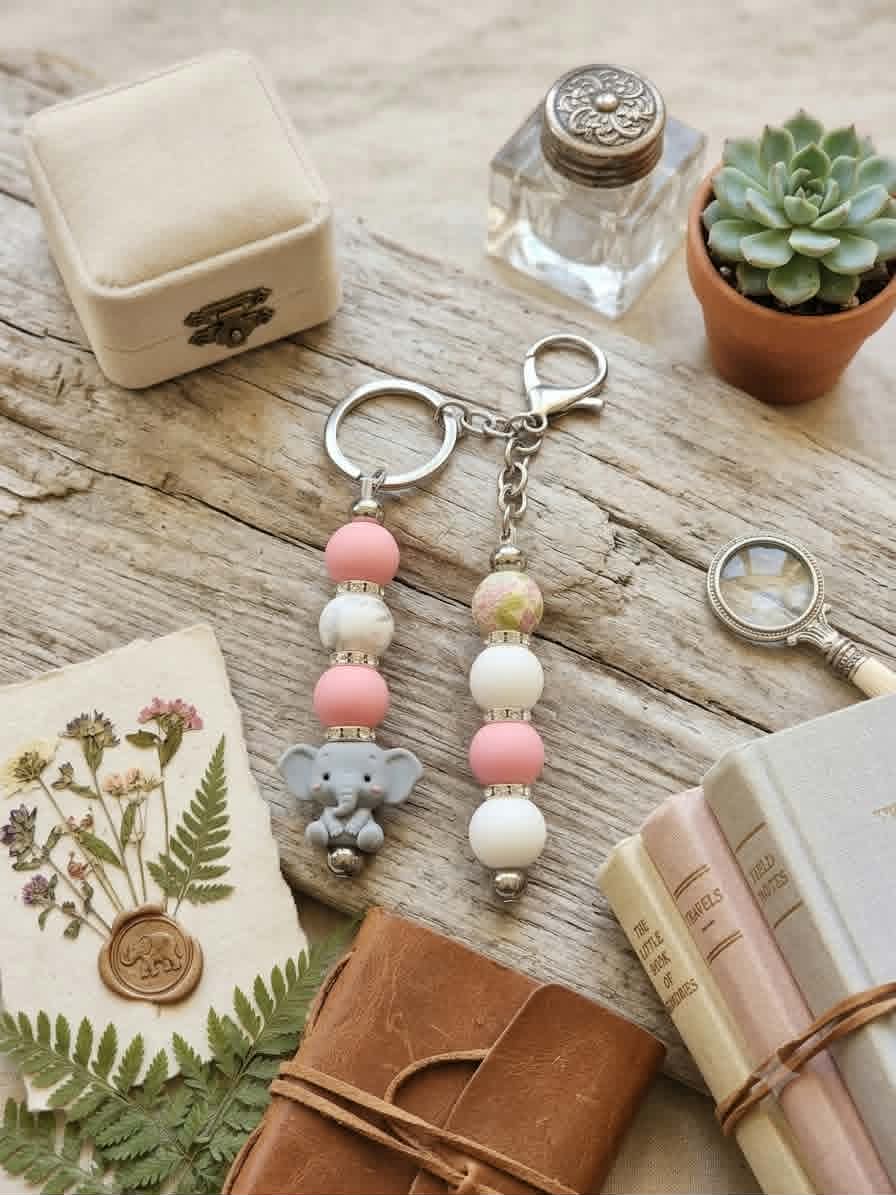 Rosy Little Elephant Beaded Keychain