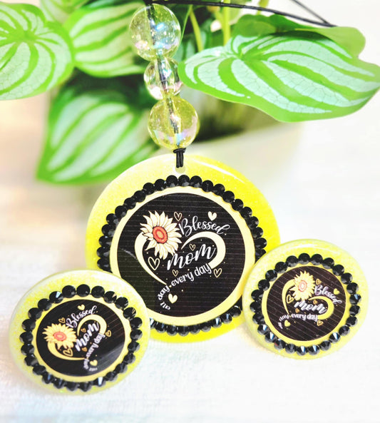 Blessed Mom Sunflower Car Charm & Clip Set