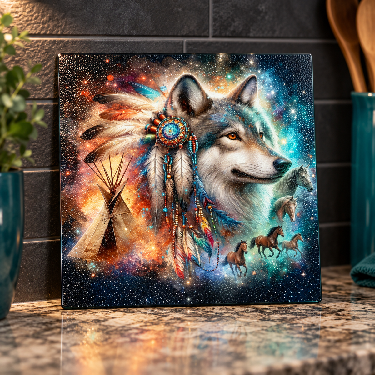 Wild Spirit Wolf 9-Inch Square Glass Cutting Board