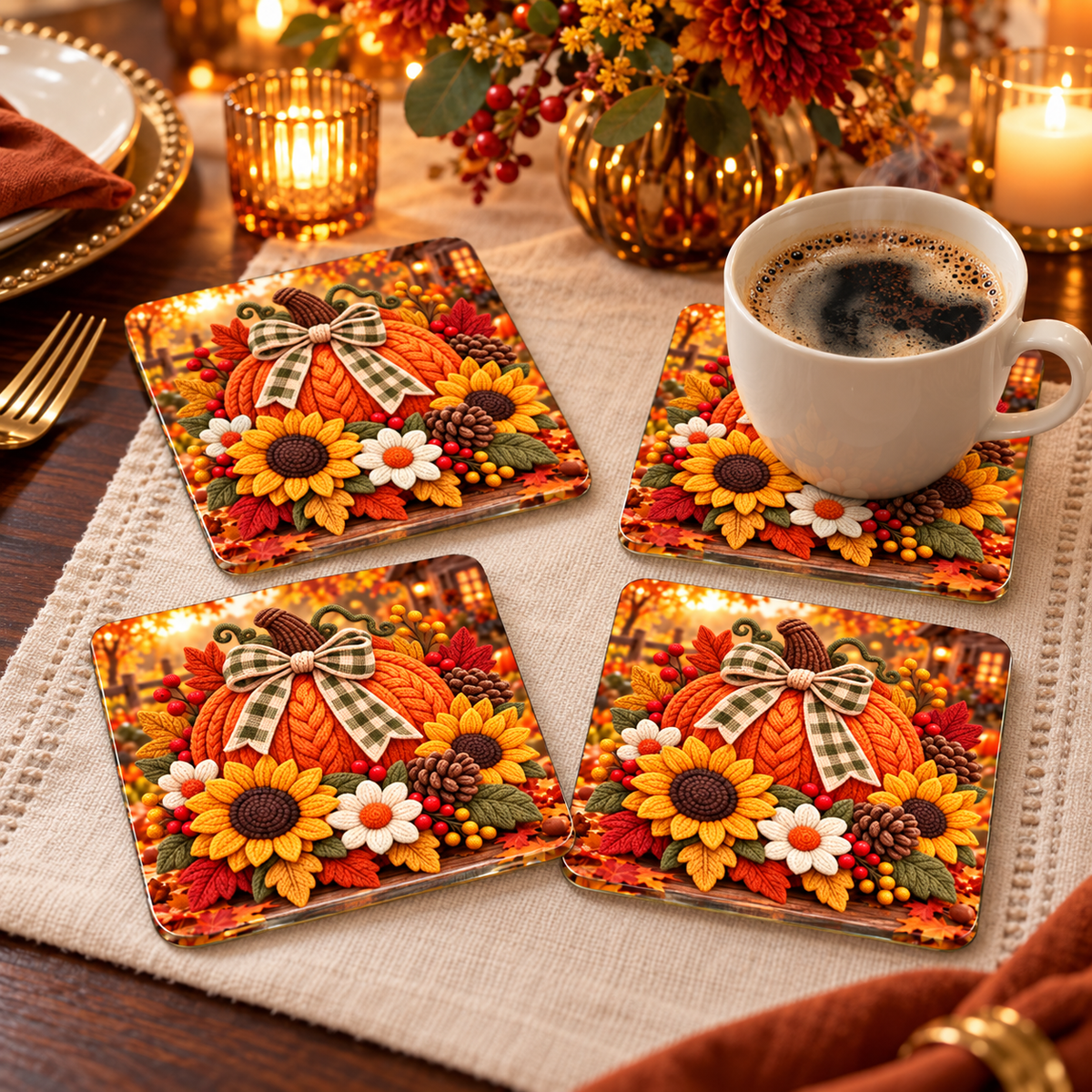 Cozy Harvest Pumpkin & Sunflower Glass Coaster Set