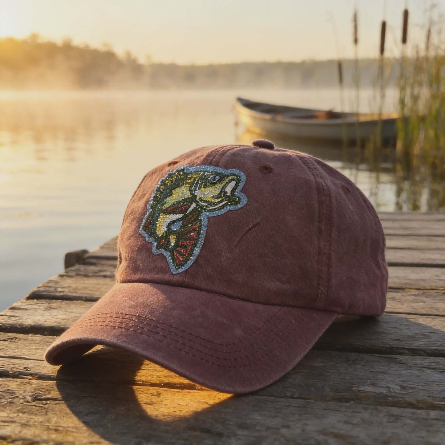 Embroidered Patch Largemouth Bass Vintage Dad Hat – Sunset Maroon Fishing Cap