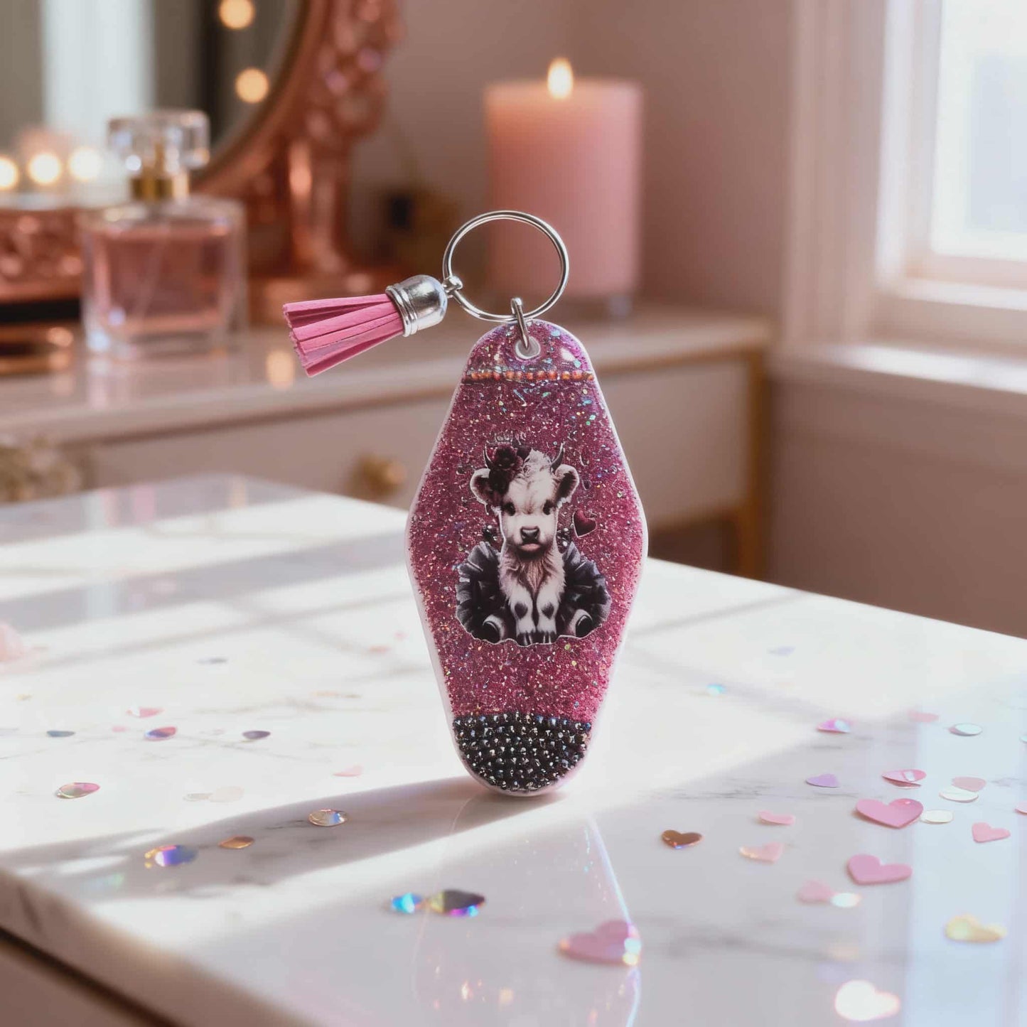 🐮 Highland Cow Pink Glitter Resin Keychain – Handmade Rustic Charm with UVDTF Art & Tassel Accent 🐮