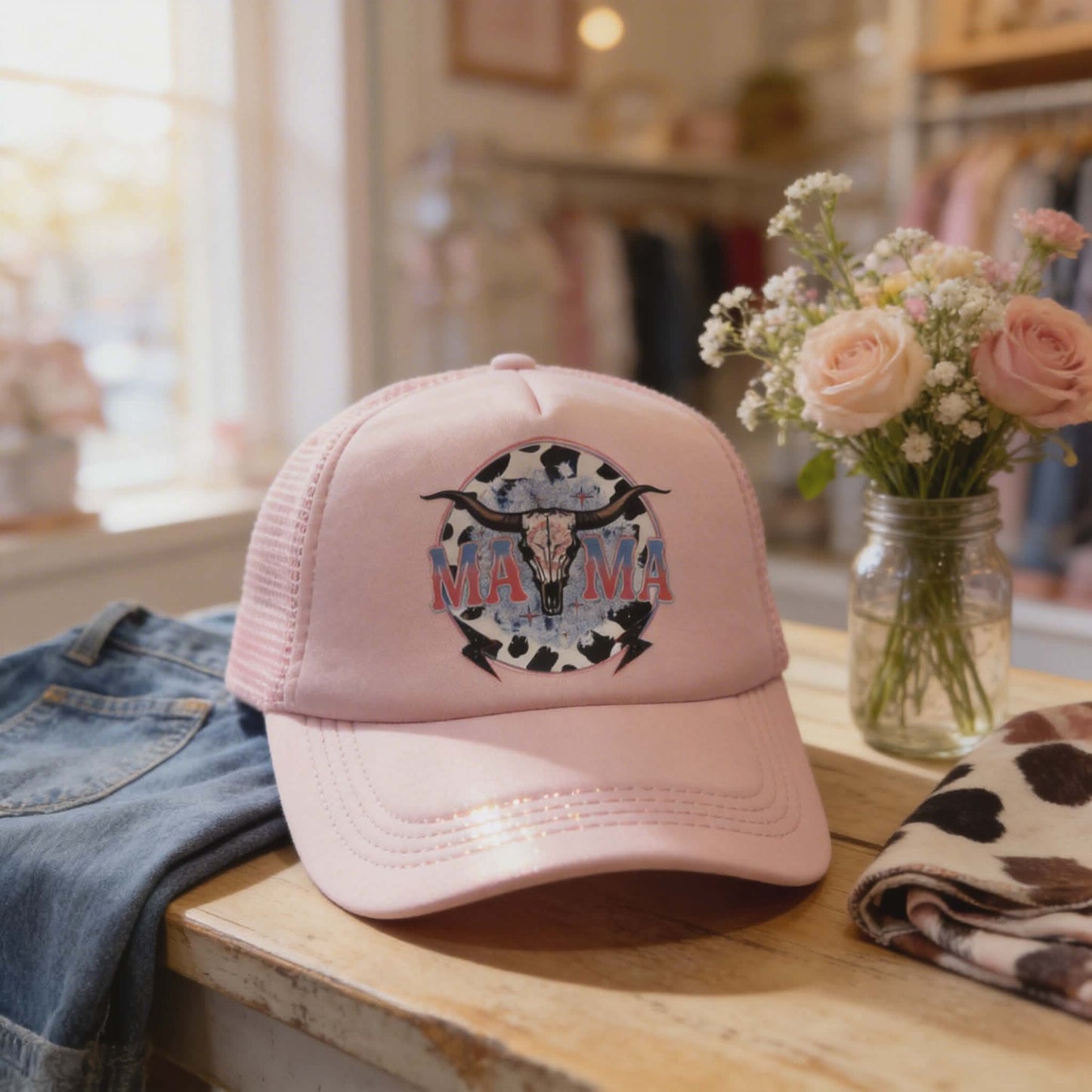 “Mama Western Cowprint” Pink Mesh Trucker Hat – DTF Longhorn Patch Cap