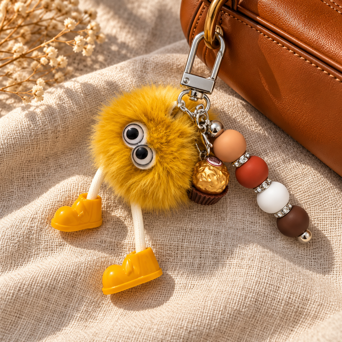 Golden Giggles Pom-Pom Beaded Keychain