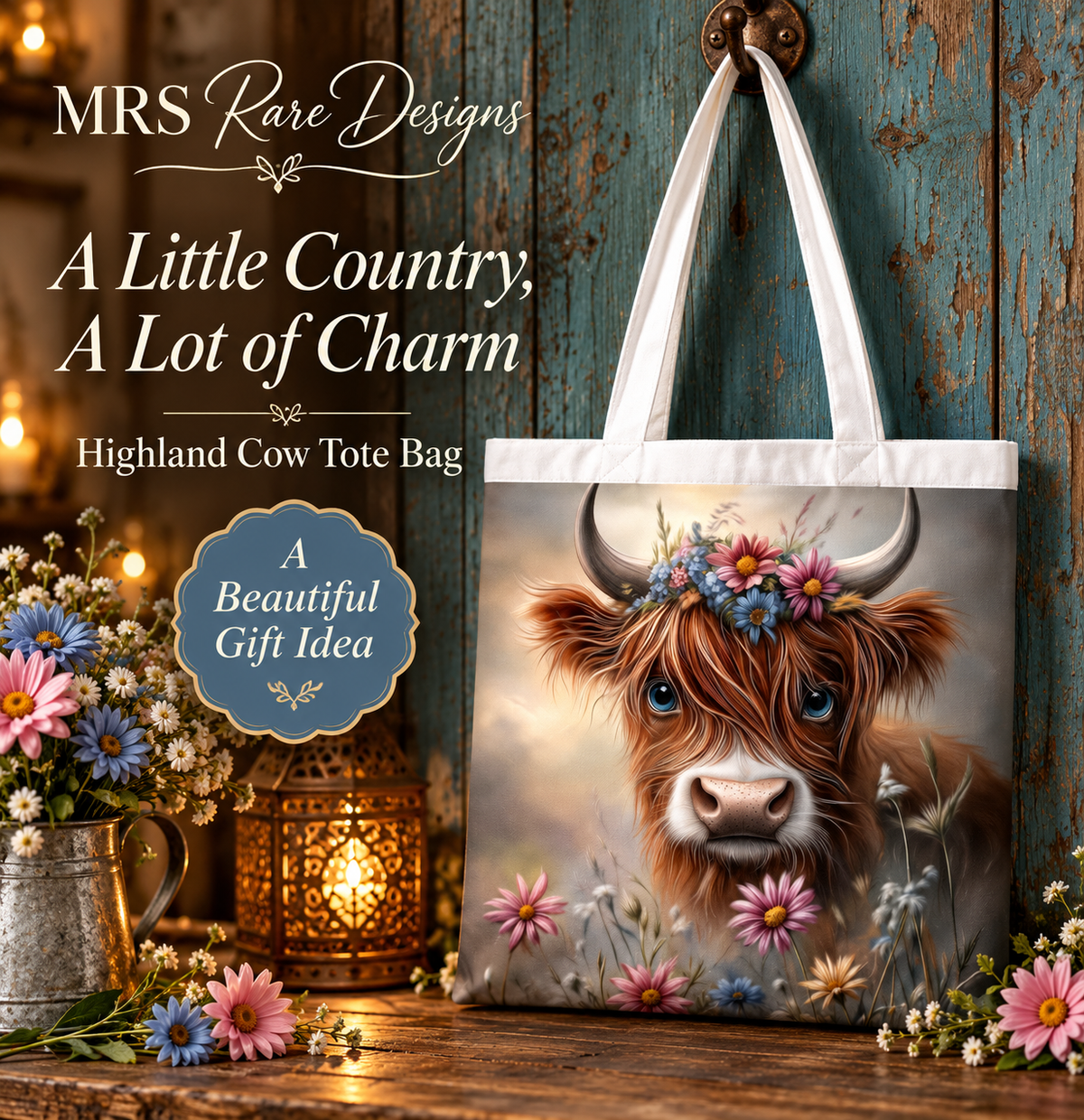 Wildflower Sweetheart Highland Cow Tote Bag