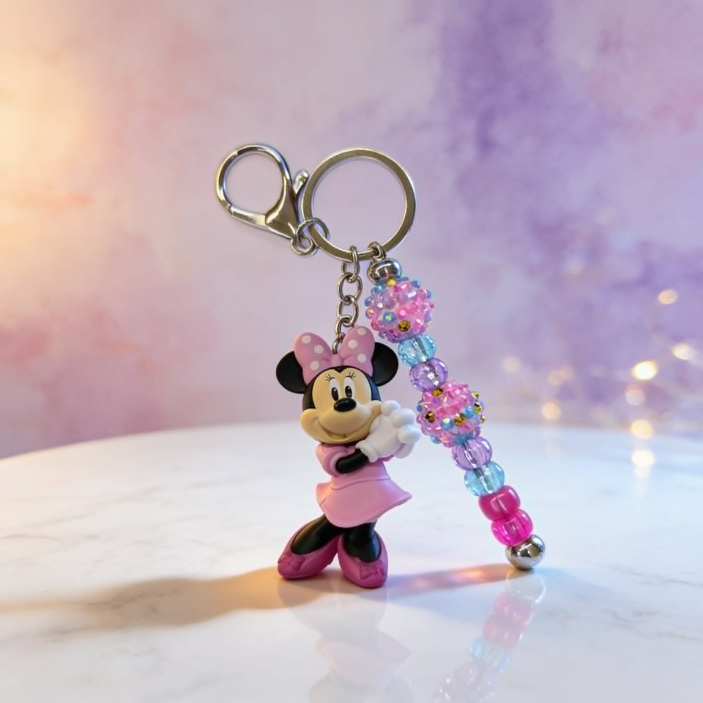 Pink Bow Minnie Beaded Charm Keychain