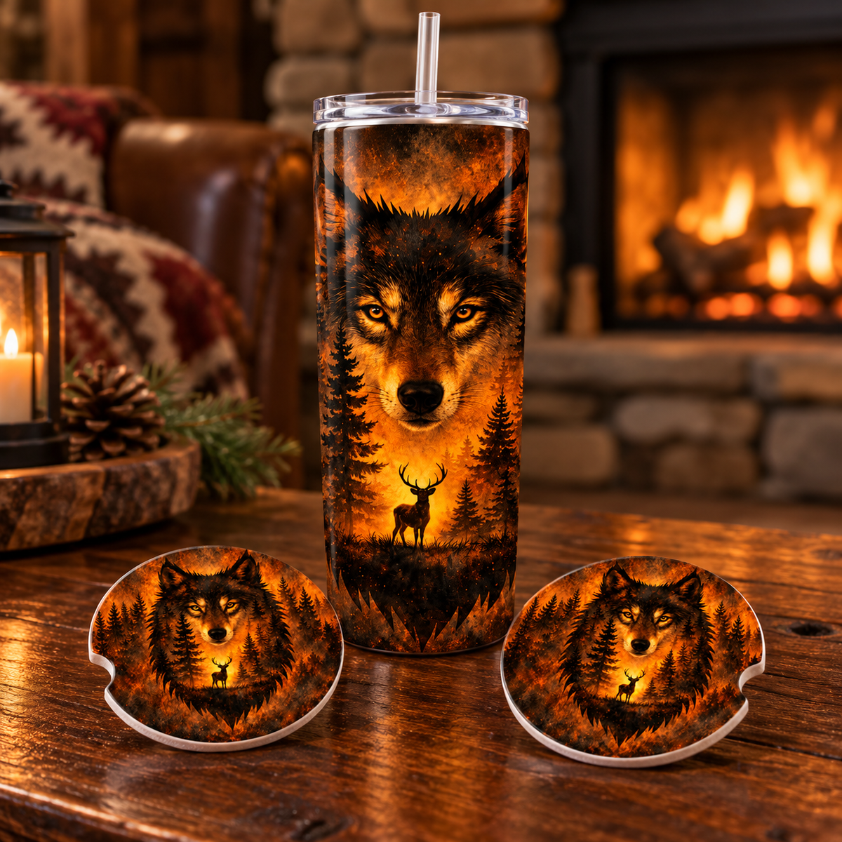 Amber Wilderness Wolf 30-Ounce Tumbler & Car Coaster Gift Set