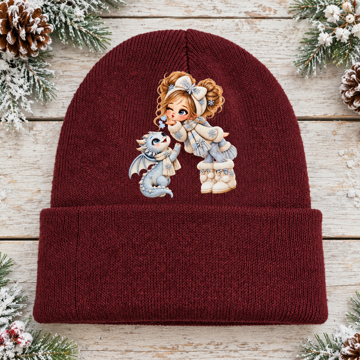 Winter Wishes Burgundy Girl & Dragon Beanie