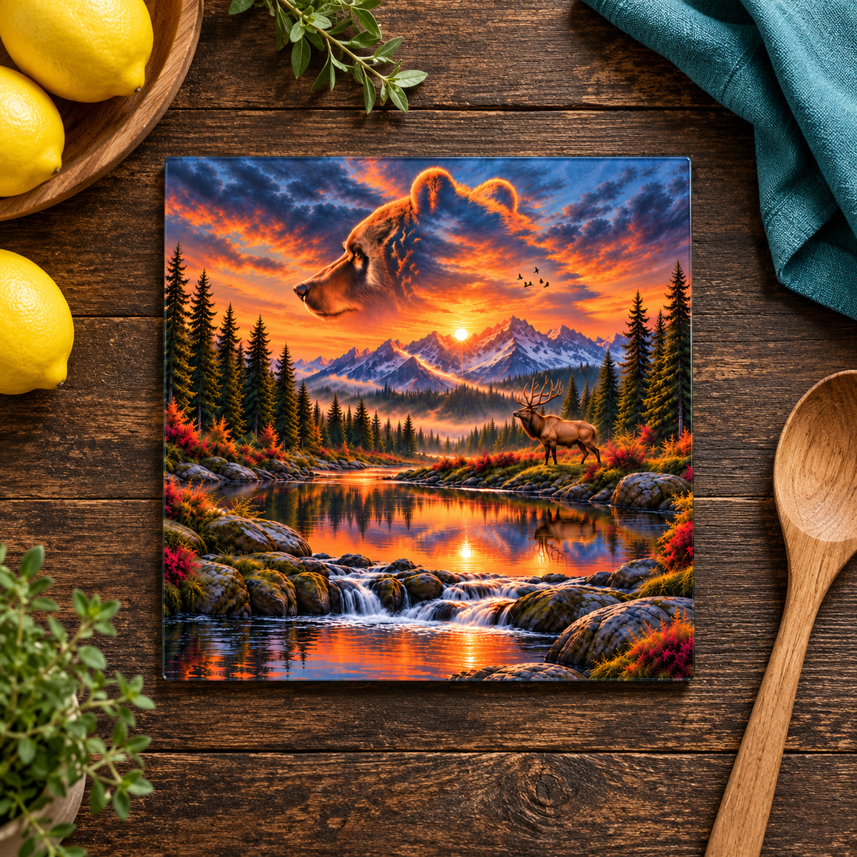 Bear Valley Sunset 9-Inch Square Glass Cutting Board