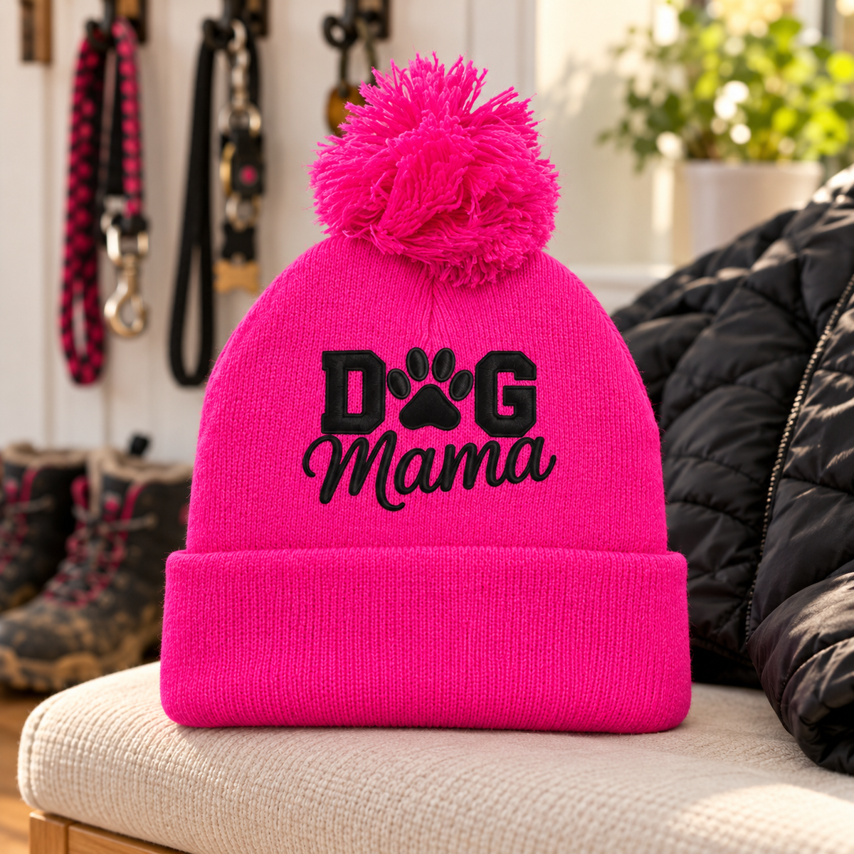 Pink, Paws & Cozy Walks Dog Mama Pom-Pom Beanie