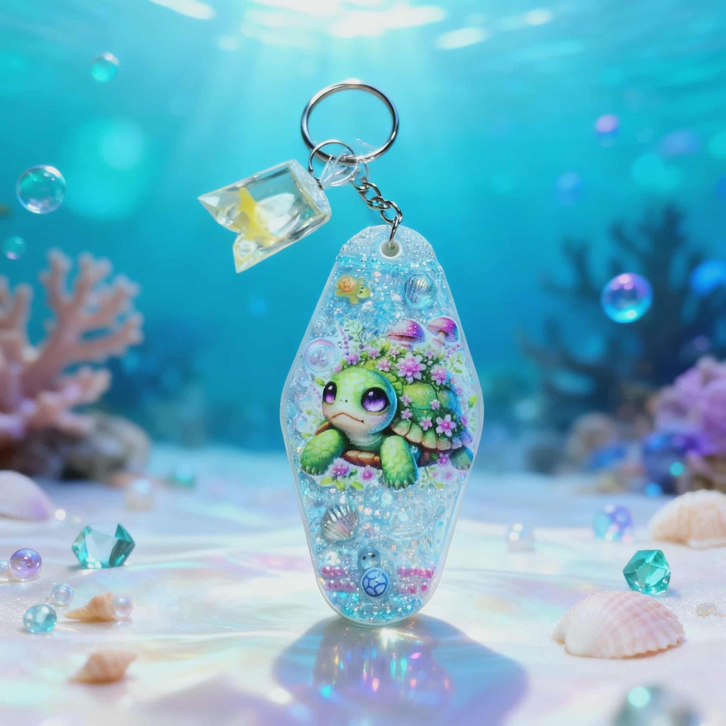 🐢 Underwater Garden Turtle Resin Keychain – Handmade Ocean Glitter Charm with Floral UVDTF Design & Mini Goldfish Cube 🌸🌊