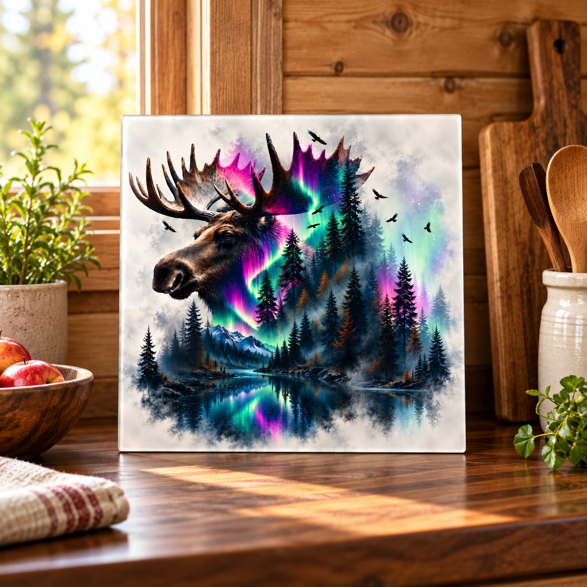 Northern Majesty Moose Square Glass Cutting Board – 9 Inch