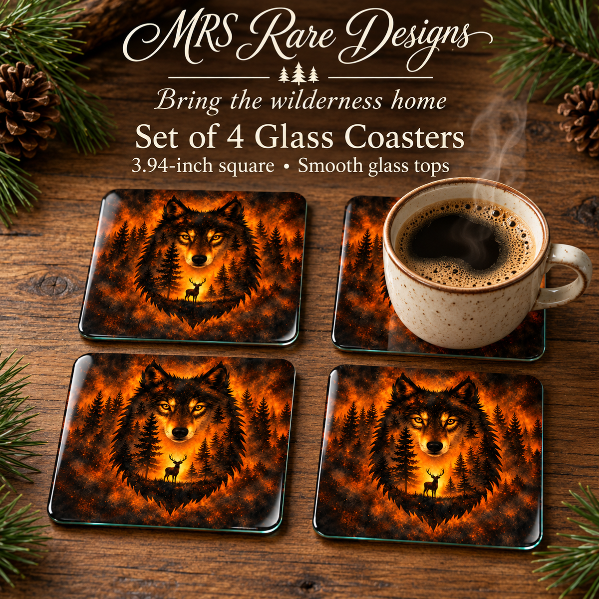 Amber Wilderness Wolf Square Glass Coasters – Set of 4