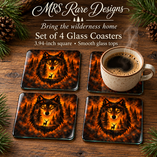 Amber Wilderness Wolf Square Glass Coasters – Set of 4