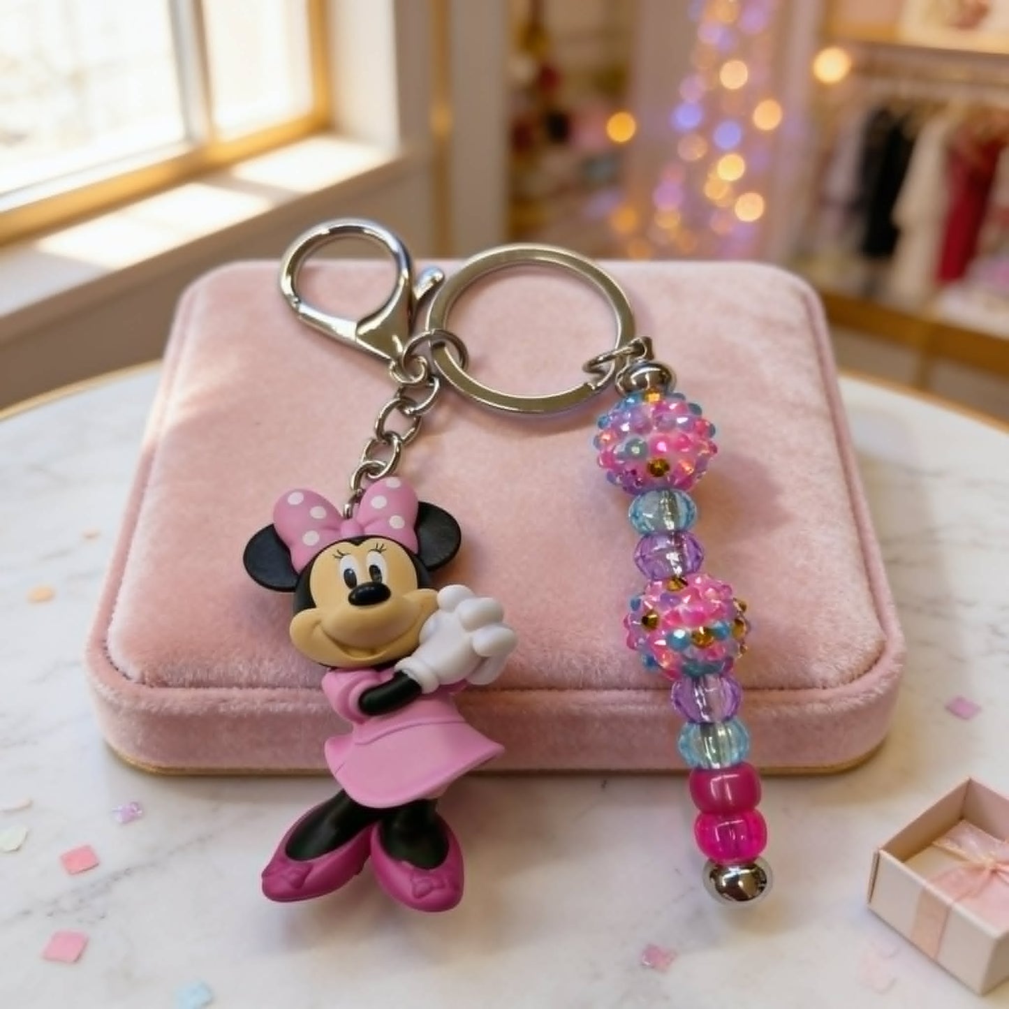 Pink Bow Minnie Beaded Charm Keychain