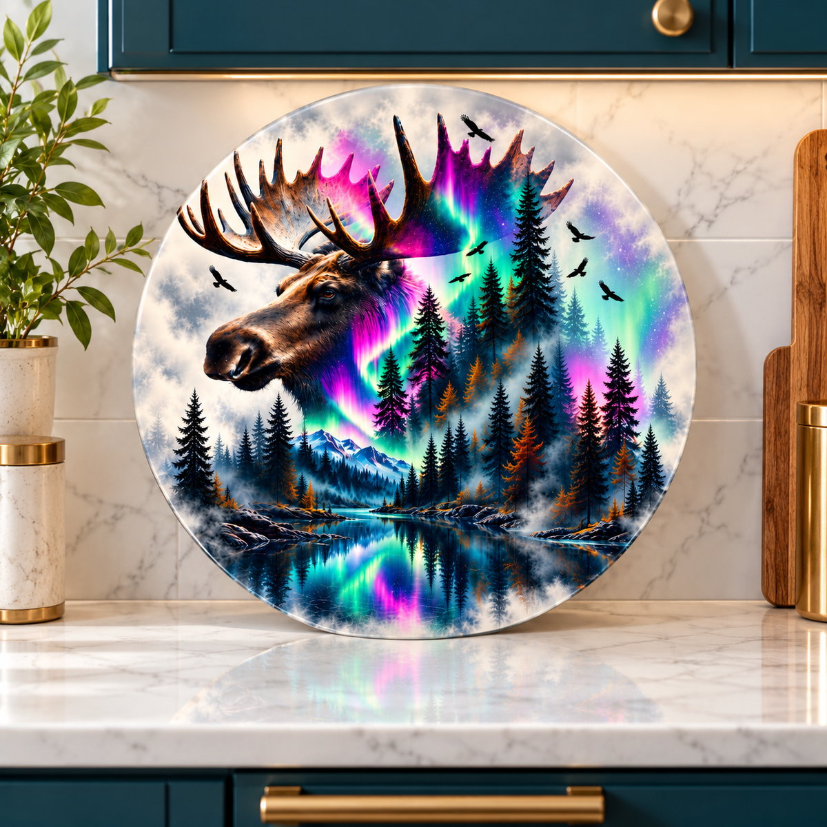 Northern Majesty Moose Round Glass Cutting Board – 9 Inch