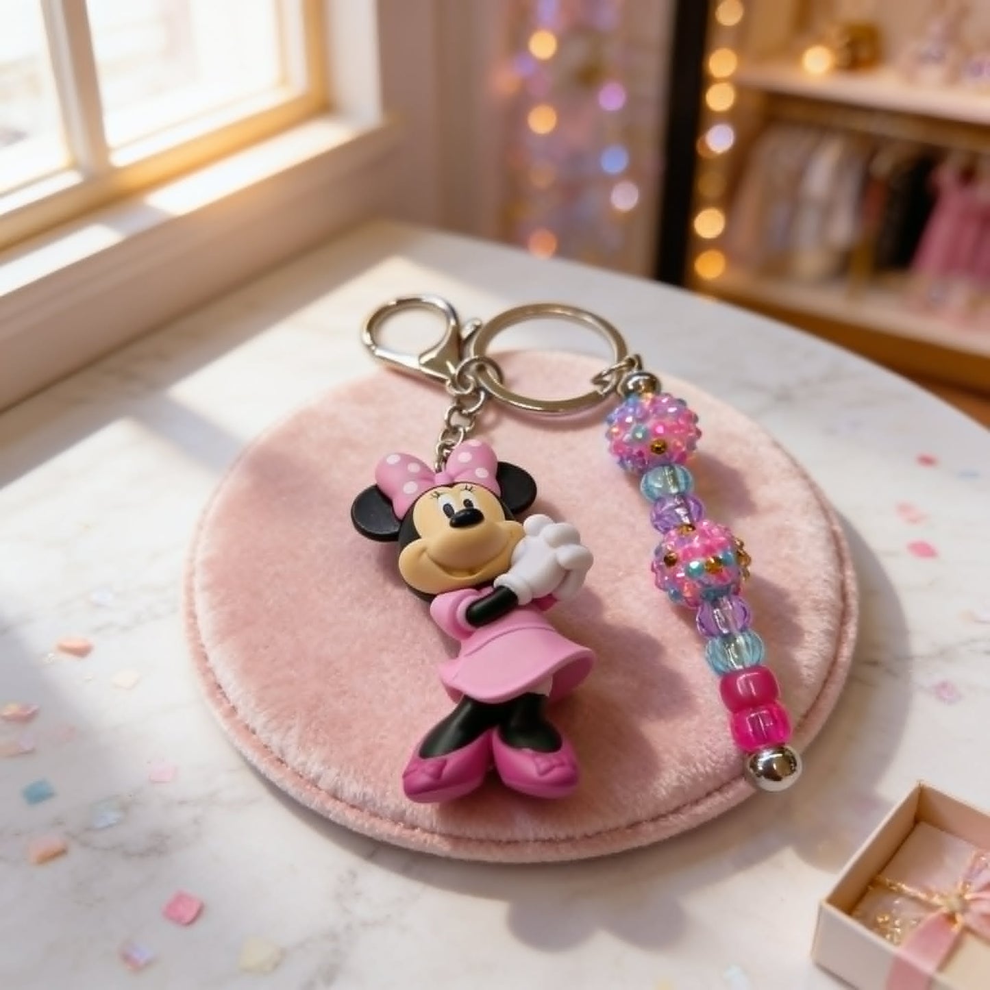 Pink Bow Minnie Beaded Charm Keychain