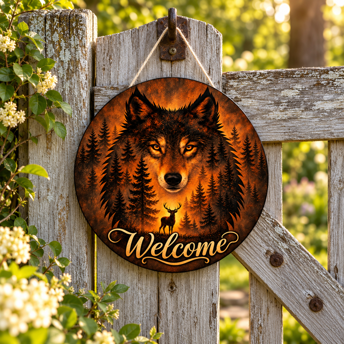 Amber Wilderness Wolf 12-Inch Aluminum Welcome Sign