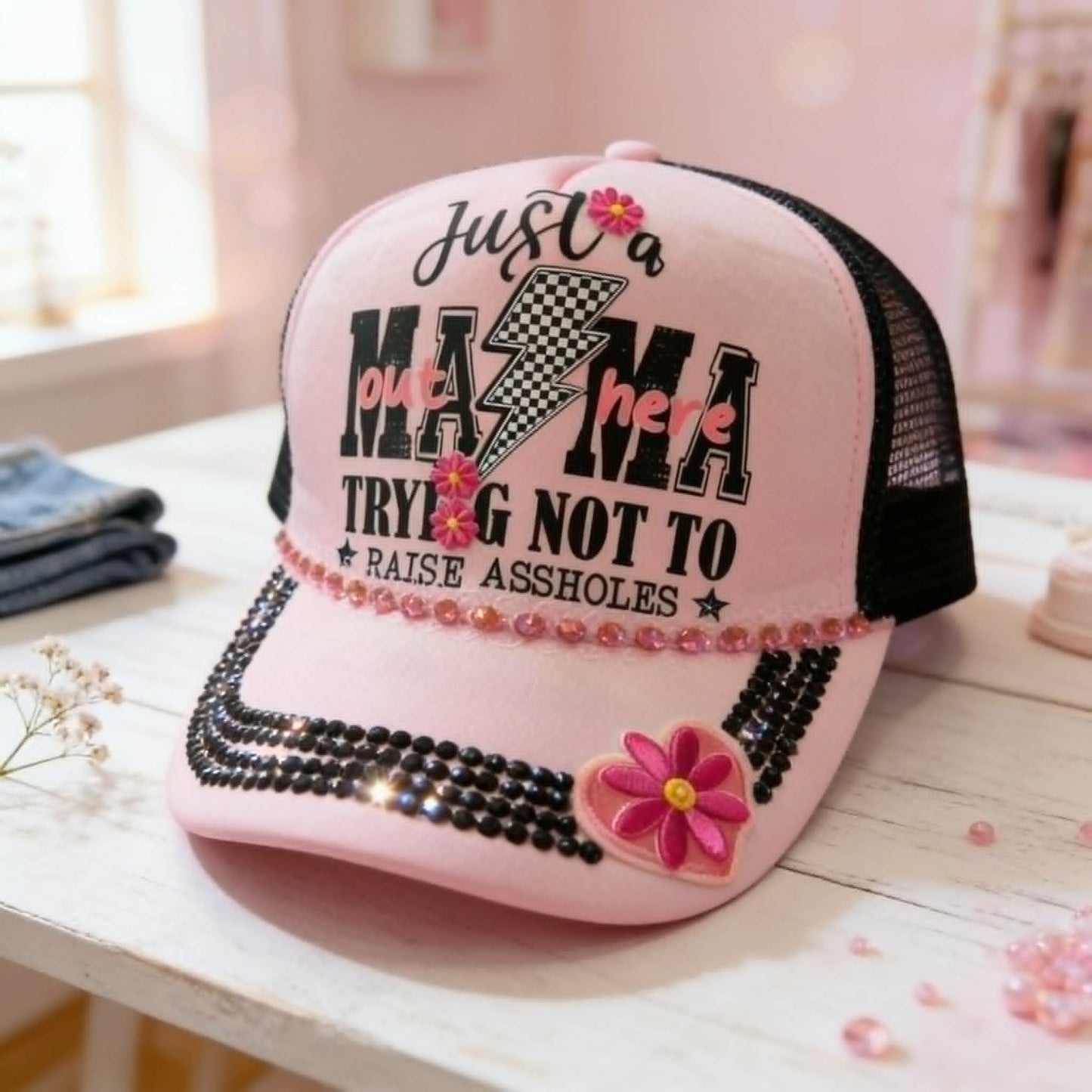 The Rhinestone Mama Trucker Hat "Raising Good Humans Is Hard Work" Edition