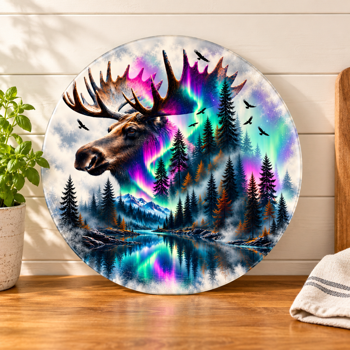 Northern Majesty Moose Round Glass Cutting Board – 9 Inch
