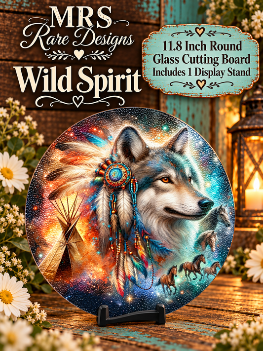 Wild Spirit Wolf 11.8-Inch Round Glass Cutting Board with Stand