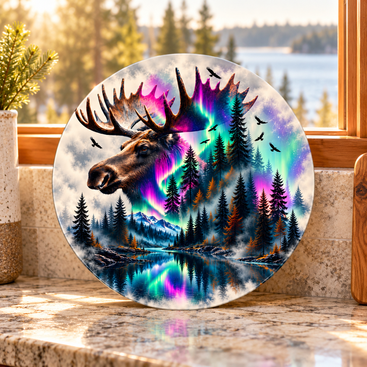 Northern Majesty Moose Round Glass Cutting Board – 9 Inch