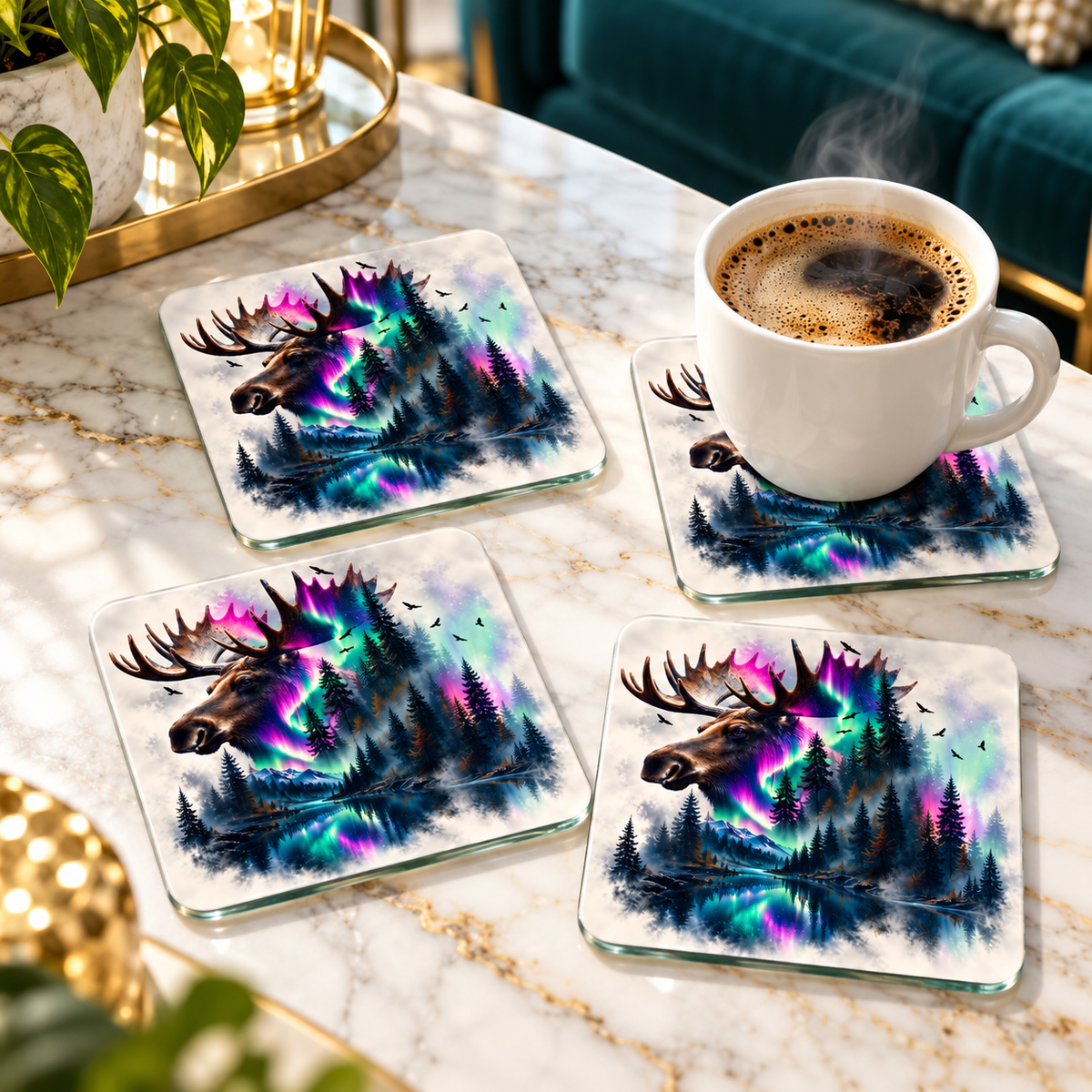 Northern Majesty Moose Square Glass Coasters – Set of 4