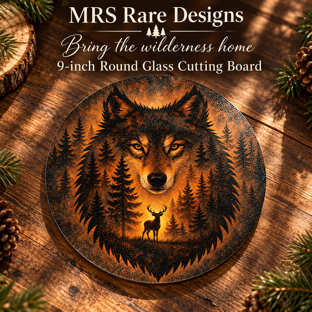 Amber Wilderness Wolf 9-Inch Round Glass Cutting Board