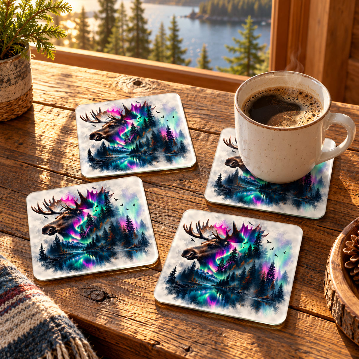 Northern Majesty Moose Square Glass Coasters – Set of 4