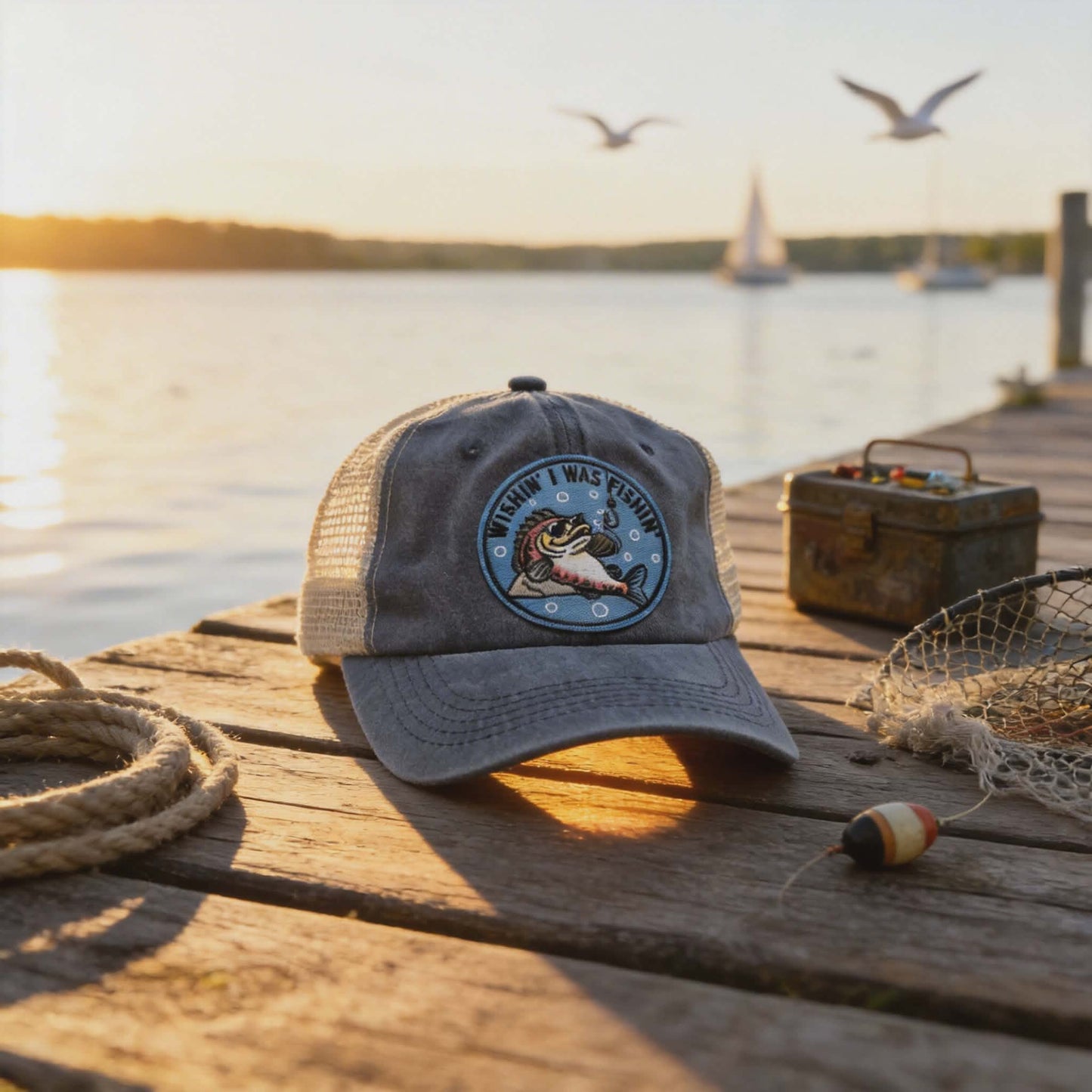 “Wishin’ I Was Fishin’” Vintage Blue Mesh Trucker Hat – Embroidered Fishing Cap
