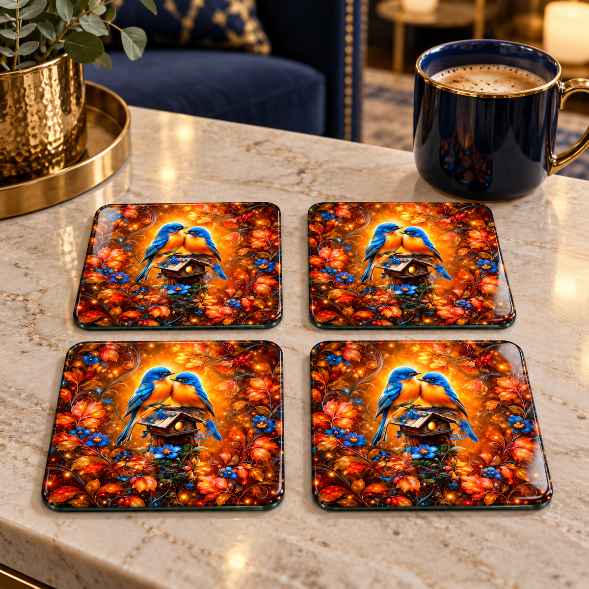 Amber Garden Bluebirds Glass Coasters – Set of 4