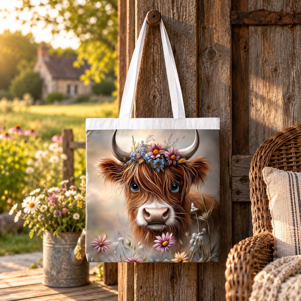 Wildflower Sweetheart Highland Cow Tote Bag