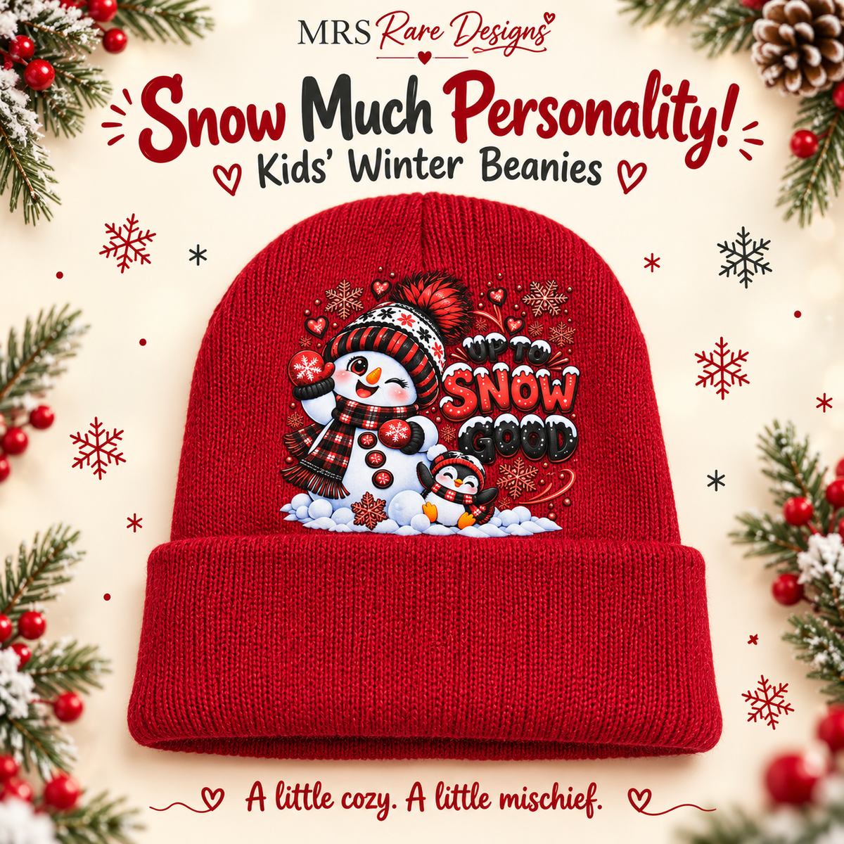Up to Snow Good Red Kids’ Snowman & Penguin Beanie